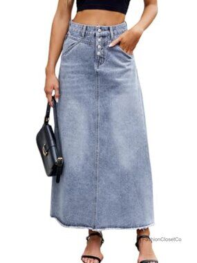 High Waist Maxi Denim Skirt Buttoned Frayed Hem Flared A-Line Long Jean Skirt